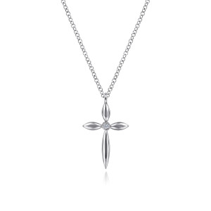 Gabriel & Co. NK6408SV5JJ sterling silver Contemporary necklace, front view of a cross with four pointed leaf shaped arms and a diamond at the center