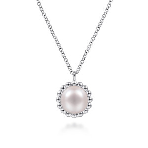 Gabriel & Co. NK6412SVJPL sterling silver Bujukan necklace, front view of the round pearl inside its ring of glossy metal beads