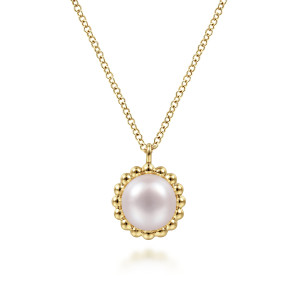 Gabriel & Co. NK6412Y4JPL 14 karat yellow gold Bujukan necklace, front view of the round pearl, its beaded rim and the loop bail above