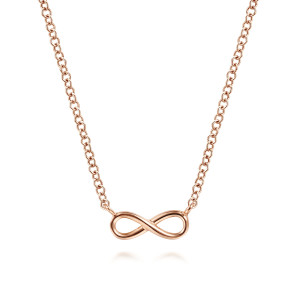 Gabriel & Co. NK6434K4JJJ 14 karat rose gold Contemporary necklace, front view of the polished infinity loop with its two open lobes crossing at the middle