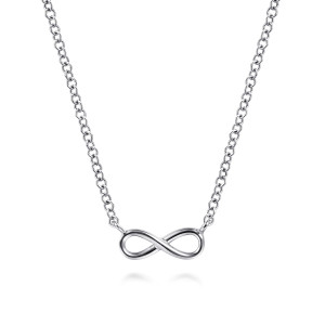 Gabriel & Co. NK6434W4JJJ 14 karat white gold Contemporary necklace, front view of the plain sideways figure eight joined to the chain at both ends