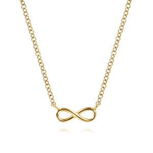 Gabriel & Co. NK6434Y4JJJ 14 karat yellow gold Contemporary necklace, front view of the open infinity loop crossing at the center, joined to round links