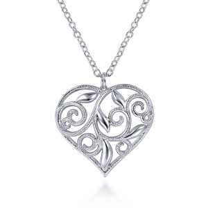 Gabriel & Co. NK6435SVJJJ sterling silver Contemporary necklace, front view of the heart with ridged scrolls, smooth leaves and a loop above