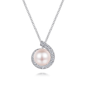 Gabriel & Co. NK6437W45PL 14 karat white gold Color necklace, front view of the pearl and the diamond swirl rising into the bail