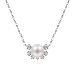 Gabriel & Co. NK6438W45PL 14 karat white gold Color necklace, front view of the round pearl with its fan of prong set diamonds rising at each side