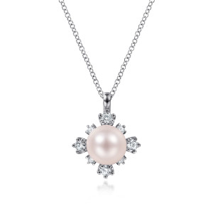 Gabriel & Co. NK6440W45PL 14 karat white gold Color necklace, front view of the pearl and the alternating larger and smaller diamonds around it