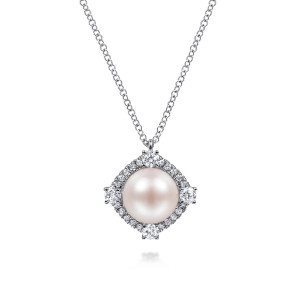 Gabriel & Co. NK6443W45PL 14 karat white gold Color necklace, front view of a round pearl in a halo of small diamonds with larger stones at the corners