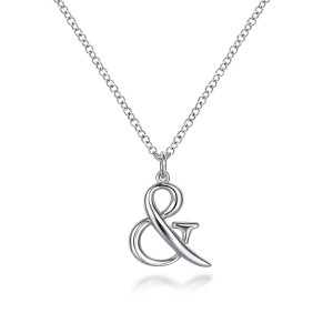 Gabriel & Co. NK6444SVJJJ sterling silver Contemporary necklace, front view of a script ampersand with a swept tail, hung from a jump ring