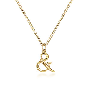 Gabriel & Co. NK6451Y45JJ 14 karat yellow gold Contemporary necklace, front view of the looping ampersand hanging from its round jump ring