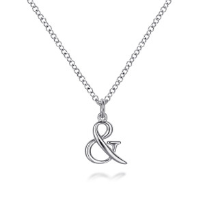 Gabriel & Co. NK6452SVJJJ sterling silver Contemporary necklace, front view of a looping script ampersand with a pointed tail on a link chain
