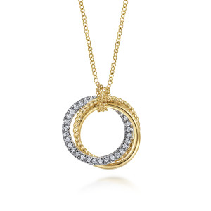 Gabriel & Co. NK6455M45JJ 14 karat white and yellow gold Hampton necklace, front view of the three overlapping circles with the pave ring and twisted ring