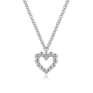 Gabriel & Co. NK6463SVJJJ sterling silver Bujukan necklace, front view of the hollow beaded heart with a loop bail and a cluster at the top