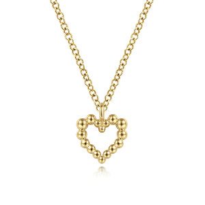 Gabriel & Co. NK6463Y4JJJ 14 karat yellow gold Bujukan necklace, front view of the open heart, its bead outline and the small cluster at the top