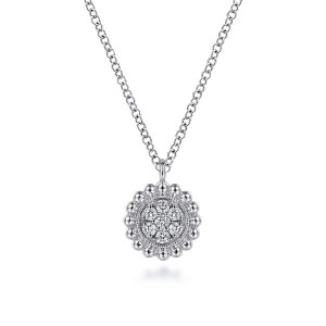 Gabriel & Co. NK6465W45JJ 14 karat white gold Bujukan necklace, front view of a round cluster of small stones inside a rim of polished metal beads