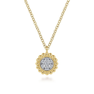 Gabriel & Co. NK6465Y45JJ 14 karat yellow gold Bujukan necklace, front view of the beaded rim around the diamond cluster and small bail