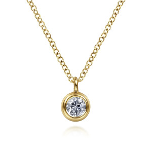 Gabriel & Co. NK6472Y4JWS 14 karat yellow gold Color necklace, front view of the round stone in its polished bezel below an upright loop bail