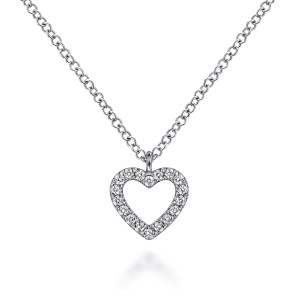 Gabriel & Co. NK6475W45JJ 14 karat white gold Lusso necklace, front view of the heart with a stone at its bottom point and at the top dip