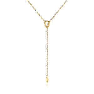 Gabriel & Co. NK6476Y4JJJ 14 karat yellow gold Bujukan necklace, front view of the beaded loop and the drop ending in a smooth pointed teardrop