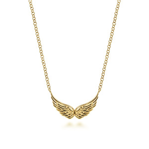 Gabriel & Co. NK6477Y4JJJ 14 karat yellow gold Contemporary necklace, front view of the pair of ridged feathered wings meeting at the center