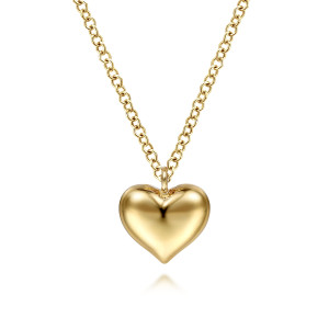 Gabriel & Co. NK6478Y4JJJ 14 karat yellow gold Contemporary necklace, front view of the puffed heart with its rounded curves and loop bail