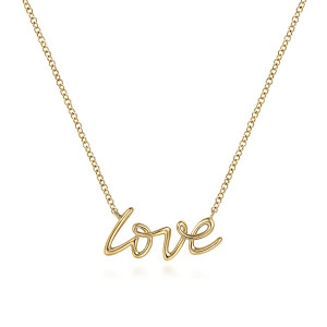 Gabriel & Co. NK6479Y4JJJ 14 karat yellow gold Contemporary necklace, front view of the looping script word, its smooth ribbon strokes and fine round links