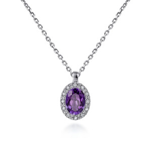 Gabriel & Co. NK647W45AM 14 karat white gold Color necklace, front view of the oval purple stone, its diamond halo and the rectangular bail