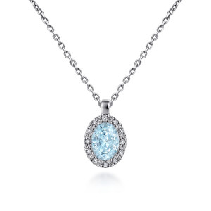 Gabriel & Co. NK647W45AQ 14 karat white gold Color necklace, front view of the blue oval stone, its diamond halo and the smooth rounded bail