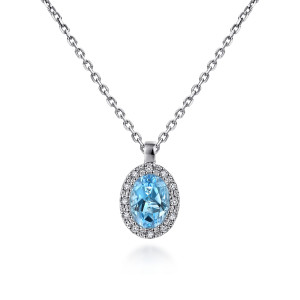 Gabriel & Co. NK647W45BT 14 karat white gold Color necklace, front view of the blue oval stone, its diamond halo and the plain upright bail