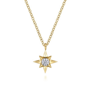 Gabriel & Co. NK6484Y45JJ 14 karat yellow gold Contemporary necklace, front view of the ridged starburst rays around the prong set round diamond