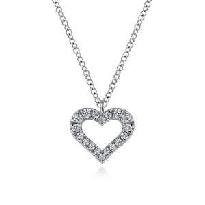 Gabriel & Co. NK6489W45JJ 14 karat white gold Lusso necklace, front view of the open heart framed by a single row of prong set round stones