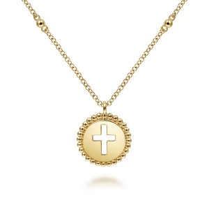 Gabriel & Co. NK6490Y4JJJ 14 karat yellow gold Bujukan necklace, front view of the beaded rim disc with its cut through cross and loop bail