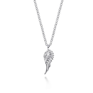 Gabriel & Co. NK6491SVJJJ sterling silver Contemporary necklace, front view of the feathered wing, its layered feathers and looped bail
