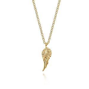 Gabriel & Co. NK6491Y4JJJ 14 karat yellow gold Contemporary necklace, front view of the wing with its layered rounded feathers and upright bail