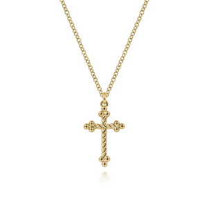 Gabriel & Co. NK6492Y4JJJ 14 karat yellow gold Bujukan necklace, front view of a cross with twisted rope arms and metal bead clusters at the tips