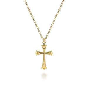 Gabriel & Co. NK6493Y4JJJ 14 karat yellow gold Contemporary necklace, front view of the flared cross, its raised center line and notched tips beneath a round loop