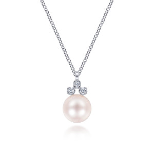 Gabriel & Co. NK6494W45PL 14 karat white gold Color necklace, front view of a round pearl beneath a triangle of three prong set diamonds