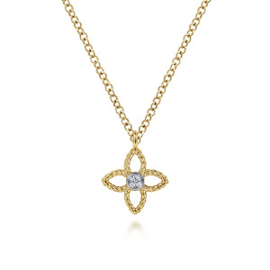 Gabriel & Co. NK6495M45JJ 14 karat white and yellow gold Hampton necklace, front view of four open twisted petals around a round bezel set diamond