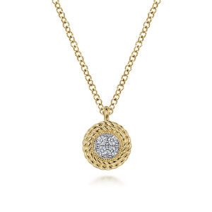 Gabriel & Co. NK6496Y45JJ 14 karat yellow gold Hampton necklace, front view of the rope rim, the pave field and the loop bail on the chain