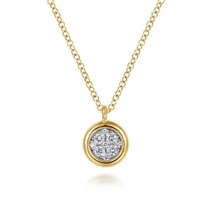 Gabriel & Co. NK6497M45JJ 14 karat white and yellow gold Contemporary necklace, front view of the round disc and its loop bail with a tight cluster of tiny diamonds