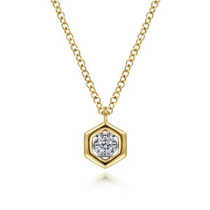 Gabriel & Co. NK6499M45JJ 14 karat white and yellow gold Contemporary necklace, front view of the six sided frame, the single stone in its prong head and the thin loop