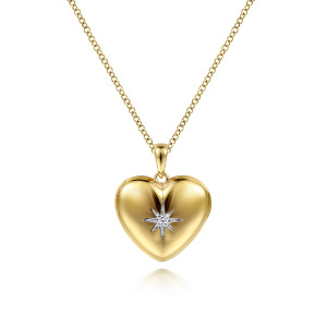 Gabriel & Co. NK6501Y45JJ 14 karat yellow gold Contemporary necklace, front view of the domed heart with its pointed starburst and tapered bail
