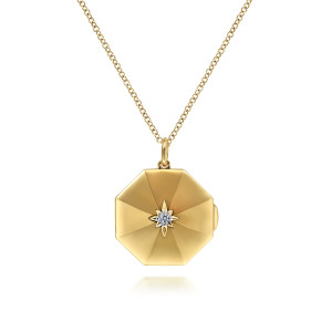 Gabriel & Co. NK6503Y45JJ 14 karat yellow gold Contemporary necklace, front view of the faceted panels meeting at a star mounted diamond