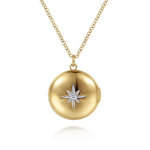 Gabriel & Co. NK6505Y45JJ 14 karat yellow gold Contemporary necklace, front view of the domed polished locket with its raised starburst