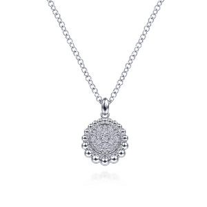 Gabriel & Co. NK6508SVJWS sterling silver Bujukan necklace, front view of the pave dome, the beaded rim and the oval loop at the top