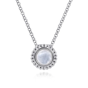 Gabriel & Co. NK6510SVJXM sterling silver Bujukan necklace, close detail of the pale faceted stone, its smooth bezel and the beaded rim around it