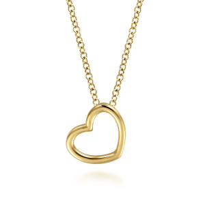 Gabriel & Co. NK6522Y4JJJ 14 karat yellow gold Contemporary necklace, front view of the tilted open heart with its smooth rounded edge