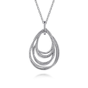 Gabriel & Co. NK6523SVJJJ sterling silver Hampton necklace, front view of the nested teardrop hoops, rope twisted and smooth, under a rounded bail