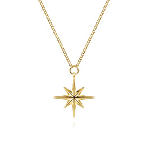 Gabriel & Co. NK6524Y4JJJ 14 karat yellow gold Contemporary necklace, front view of the ridged starburst, its jump ring and the link chain above it