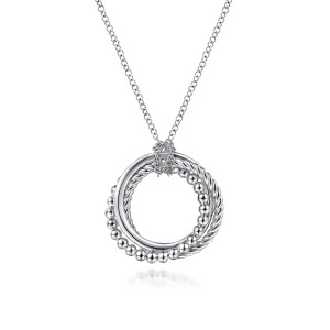 Gabriel & Co. NK6531SVJJJ sterling silver Bujukan necklace, front view of the overlapping smooth, twisted and beaded rings with wire wrapping at the top