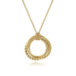Gabriel & Co. NK6531Y4JJJ 14 karat yellow gold Bujukan necklace, front view of the smooth, twisted and beaded rings hanging from small loops